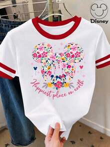 [Disney Official Authorization] Women's Casual Short Sleeve Round Neck Graphic Tee Top, Stylish Knitted Fabric T-Shirt With Print For Everyday Wear Disney Land .T-Shirt Featuring A Floral Minnie Mouse Head Print, Paired With Small Mickey And Minnie Mouse Heads And The Slogan "Happiest Place On Earth"..Cartoon Loose Fit Versatile Couple And Family Matching Round Neck Short Sleeve T-Shirt Top - White - View 1