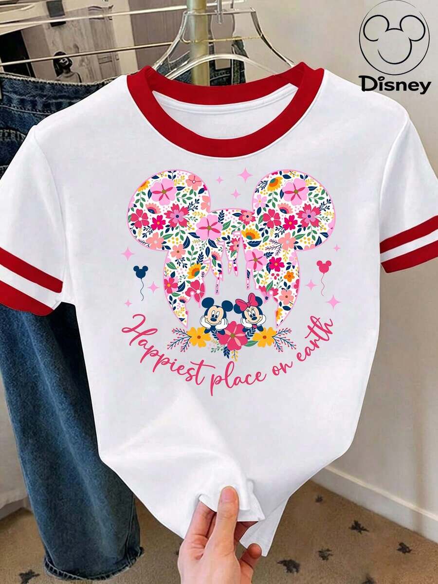[Disney Official Authorization] Women's Casual Short Sleeve Round Neck Graphic Tee Top, Stylish Knitted Fabric T-Shirt With Print For Everyday Wear Disney Land .T-Shirt Featuring A Floral Minnie Mouse Head Print, Paired With Small Mickey And Minnie Mouse Heads And The Slogan "Happiest Place On Earth"..Cartoon Loose Fit Versatile Couple And Family Matching Round Neck Short Sleeve T-Shirt Top - White - View 1