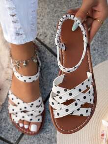 2026 New Arrival: Plus-Size Retro Polka-Dot Flat Sandals With Large Bow; Black, White, And Beige Sweet Cross-Strap Design With Open-Back; Stylish, Versatile, And Comfortable; Perfect For Vacations, Commuting, And Dates - White - View 4