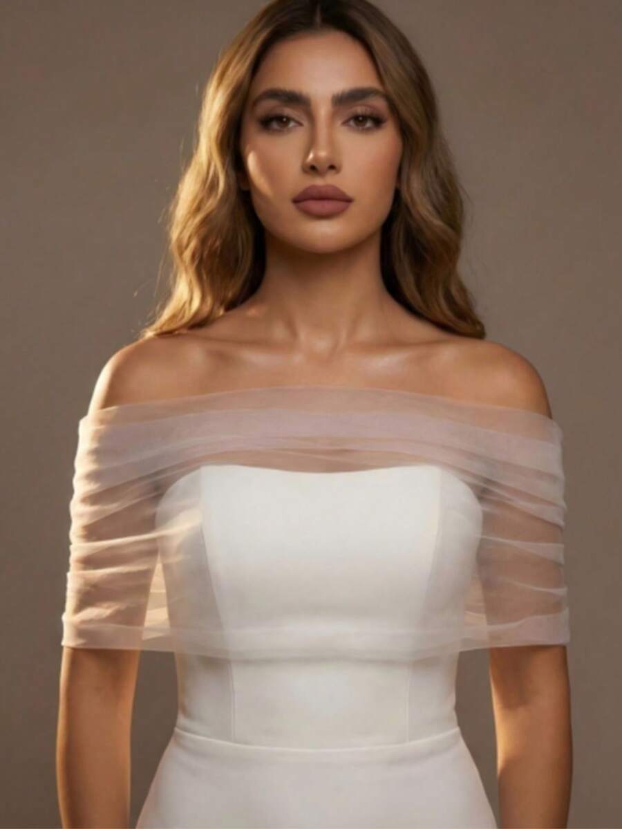 Multi-Size White Tulle Off-Shoulder Women's Shawl, Suitable For Bridal Wedding, Party Dress, Women's Accessories, Buckle Short Shawl - Milky White - View 1