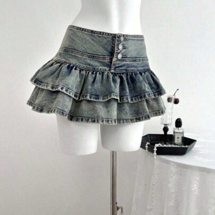 Nana's Women's Clothing Store Minifalda de mezclilla con volantes en el bajo de unicolor para mujer - Azul - Ver 1