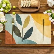 1/4/6/8/10/12PCS Modern Abstract Leaf Print Placemats, Linen Material, Machine Washable, Rectangular Table Mats For Kitchen, Dining Room & Home Decor, 32x42cm - Multicolor - View 3
