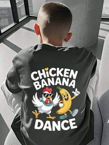 Boys' T-Shirt With Fun Chicken And Banana Print, Soft And Comfortable Fabric, Suitable For Outdoor Sports, Casual Wear, Urban Wear, School Wear, Versatile Fashion T-Shirt For Boys In Spring/Summer. - 黑色 - 查看 1