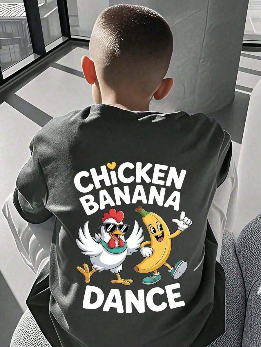 Boys' T-Shirt With Fun Chicken And Banana Print, Soft And Comfortable Fabric, Suitable For Outdoor Sports, Casual Wear, Urban Wear, School Wear, Versatile Fashion T-Shirt For Boys In Spring/Summer. - 黑色 - 查看 1