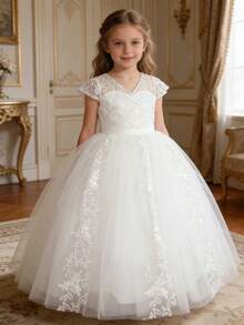 Tween Girls White Lace Mesh Puff Dress, Short Sleeve Sheer Shoulder Flower Girl Princess Dress - White - View 1