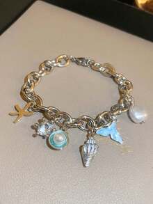 1pc Adjustable Starfish, Shell, Fish Tail Decor Chain Bracelet - Fashionable & Elegant - Multicolor - View 8