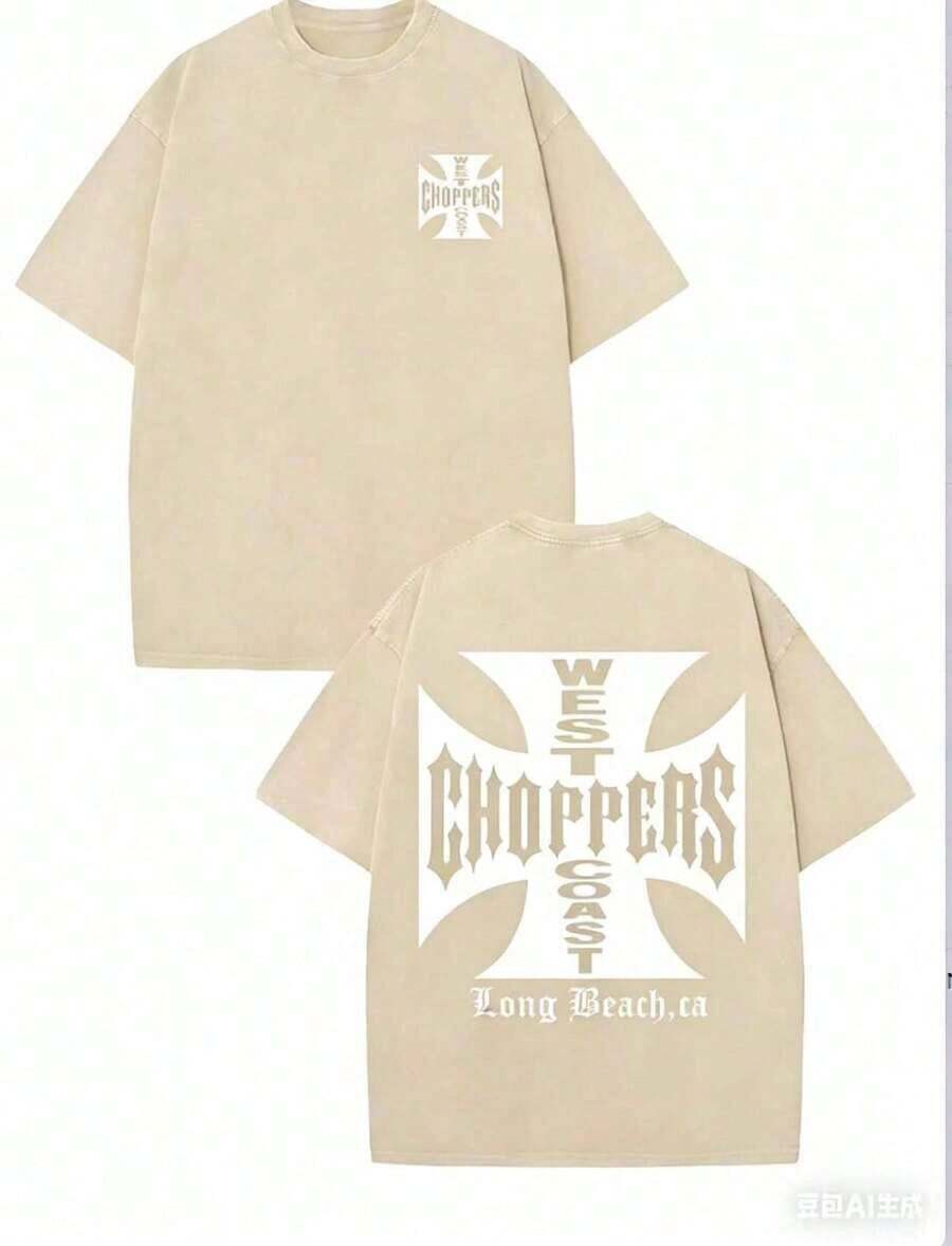WEST COAST CHOPPERS Men's Retro Streetwear T-Shirt - 230g Washed Cotton, Double-Sided Print, Loose-Fitting Drop-Shoulder Short-Sleeved T-Shirt With A California Long Beach Graphic.Perfect For Casual Summer Wear And As A Gift.High-Quality Fabric, Versatile Printed T-Shirt. - 杏色 - 查看 1