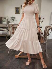 Vestido largo envolvente de mangas abullonadas de unicolor para mujer, atuendo de playa y vacaciones - Albaricoque - Ver 6