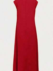 Vestido largo de verano elegante de unicolor con botones delanteros para uso casual y de oficina - Rojo - Ver 2