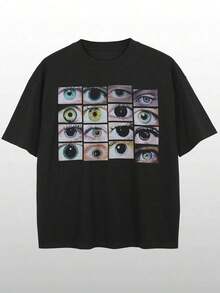 Tiny Spark Camiseta de manga corta casual de hombre con estampado de ojos, verano - Negro - Ver 1