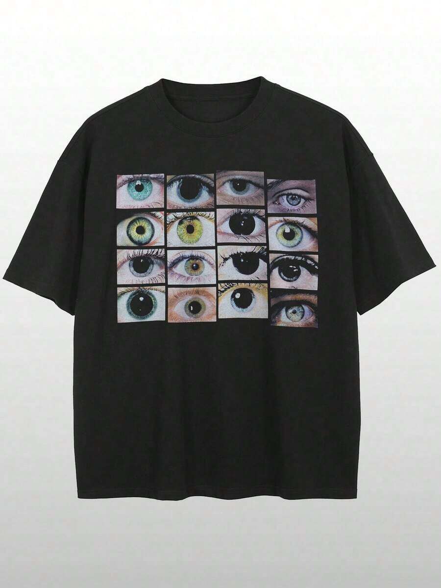 Tiny Spark Camiseta de manga corta casual de hombre con estampado de ojos, verano - Negro - Ver 1