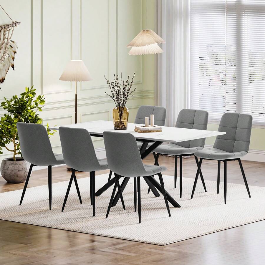 Luxstein Extendable Dining Table And Chairs Set Of 4, Concrete Effect Rectangular Table With Upholstered Linen Chairs For Dining Room, Kitchen - 大理石餐桌+麻灰色餐椅 - 查看 1
