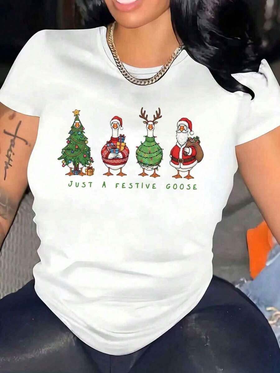 Women's Modern Minimalist T-Shirt With Christmas Goose Print, Simply A Festive Goose, Casual Holiday Top, Everyday Casual Wear - 白色 - 查看 1