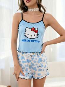 SANRIO 1套三麗鷗 Hello Kitty 卡通圖案女款睡衣套裝，女款秋冬細肩帶睡衣上衣 & 睡褲，貓咪印花四季舒適休閒睡衣，可愛軟妹必備，藍色貓頭套裝，夏季必備，熱銷夏季睡衣，時尚百搭，舒適柔軟面料，戶外必備 - 藍色 - 查看 1