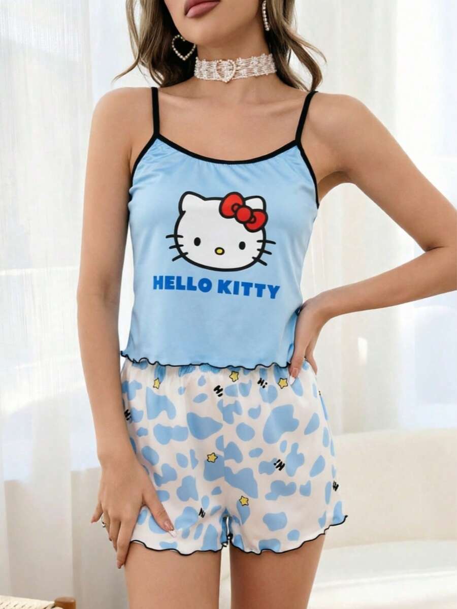 SANRIO 1套三麗鷗 Hello Kitty 卡通圖案女款睡衣套裝,女款秋冬細肩帶睡衣上衣 & 睡褲,貓咪印花四季舒適休閒睡衣,可愛軟妹必備,藍色貓頭套裝,夏季必備,熱銷夏季睡衣,時尚百搭,舒適柔軟面料,戶外必備 - 藍色 - 查看 1