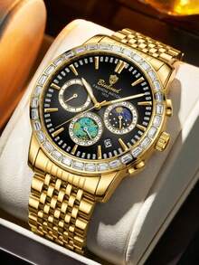 1 Orologio da uomo al quarzo con quadranti multipli e diamanti, ideale per il business. - nero - Visualizzare 1