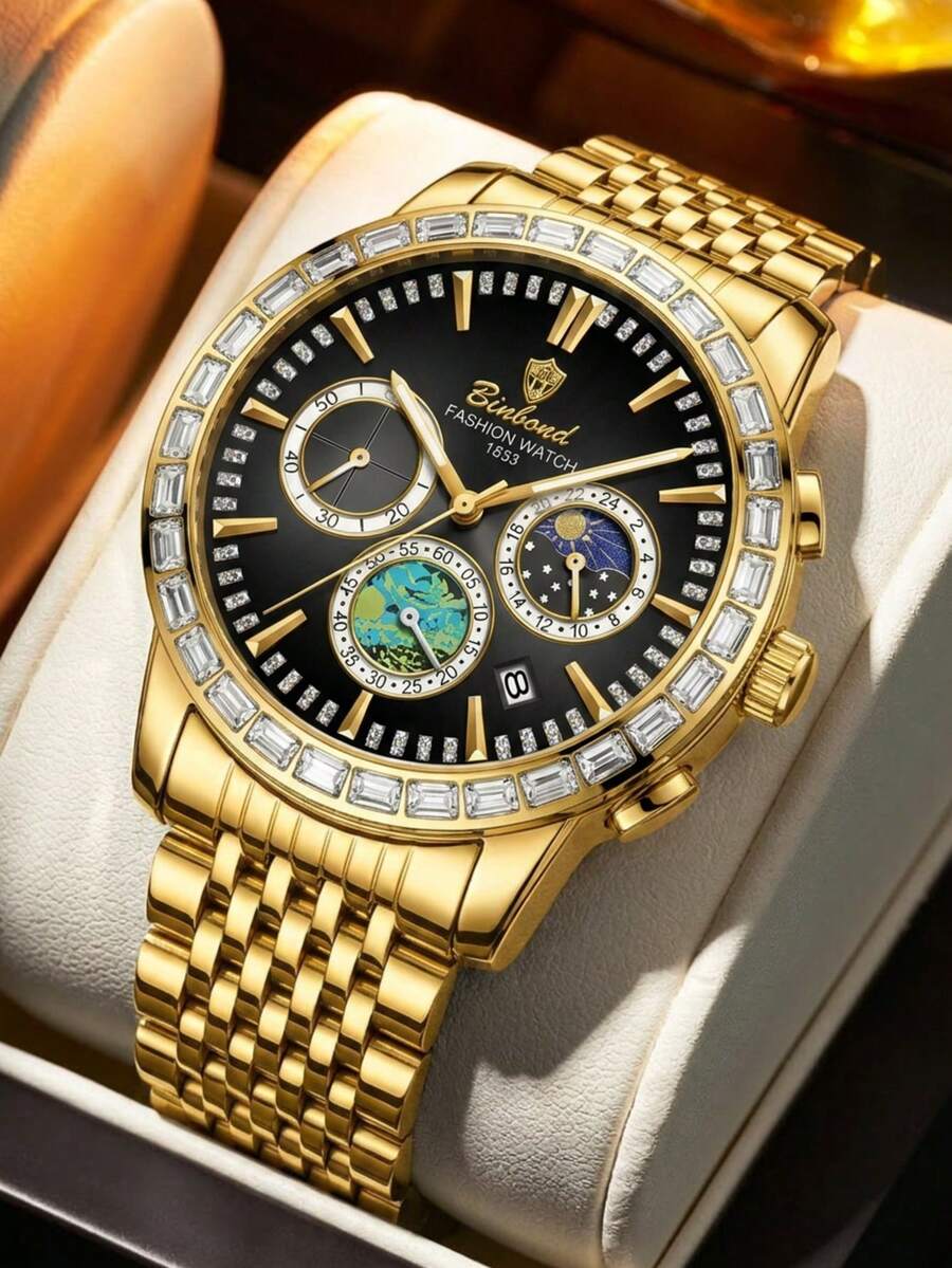 1 Orologio da uomo al quarzo con quadranti multipli e diamanti, ideale per il business. - nero - Visualizzare 1