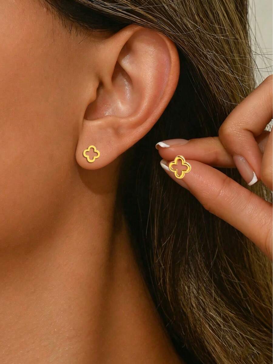 VceTd 1 Set Fashion Style Four-Leaf Clover Design Stainless Steel Women's Earring Set Suitable For Daily Wear/Holiday Gift - Yellow Gold - View 1