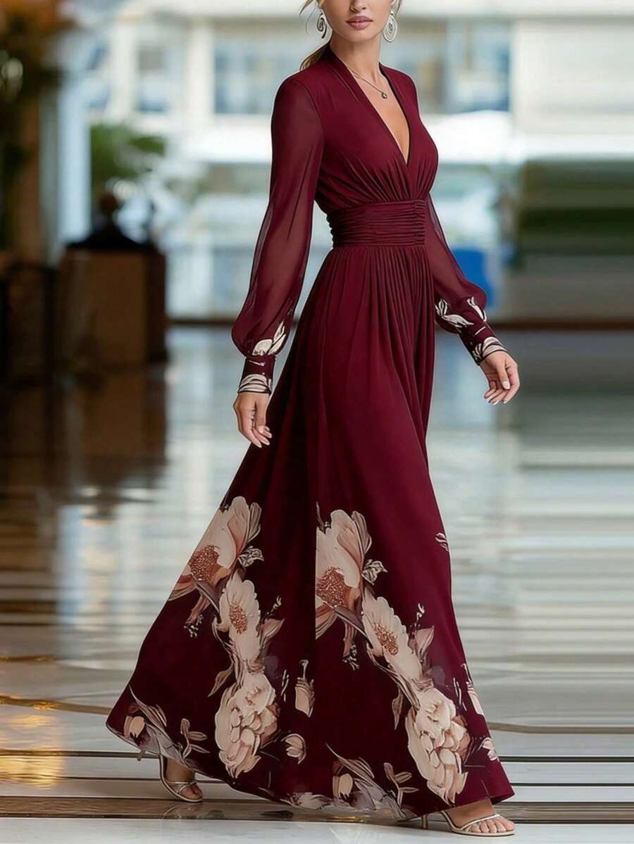 Vestido largo francés ajustado con malla combinada estampado primavera 2026 - Rojo - Ver 1