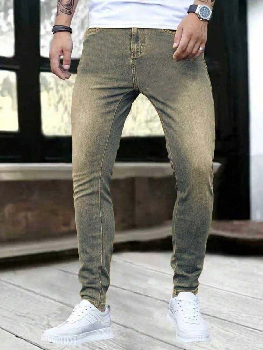 1件男士修身弹力拉链口袋蓝色牛仔裤 - 藍色 - 查看 1