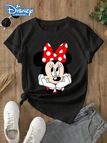Disney Women's T-Shirt With A Creative Minnie Mouse Cartoon Print. Spring/Summer Style Women's T-Shirt With A Crew Neck. The Fabric Is Soft, Comfortable, And Breathable, Suitable For Everyday Wear, Shopping, Travel, Parties, And Lounging At Home. It Also Makes A Lovely Gift. Every Woman Deserves One. - màu đen - Xem 6