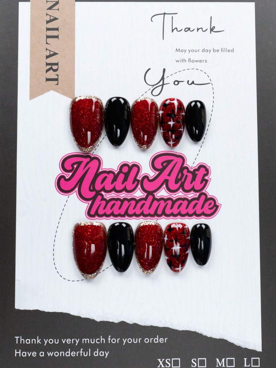 Enhance Your Temperament With 10 Handmade Wearable Nail Tips, Short Almond Shaped Pressed Nails On Fake Nails, Sweet And Luxurious Style, Smooth And Shiny Solid Color Pressed Nails On Short Nails, Suitable For Women And Girls' Daily And Holiday Wear, With Nail Set Included - Multicolor - View 1