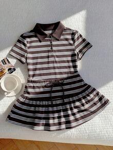 Conjunto de 2 piezas de camiseta de manga corta a rayas y minifalda casual de verano para mujer - Multicolor 3 - Ver 5