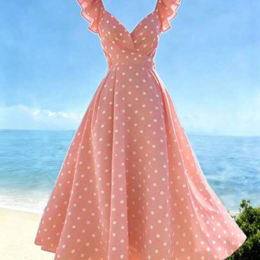 . . Vestido largo con estampado de lunares, cuello en V, mangas con volantes, cintura plisada, espalda descubierta y lazo, estilo casual de vacaciones, primavera/verano - Rosa - Ver 1