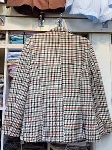 Women's Checkered Tweed Blazer, Casual Elegant Checkered Pattern With Buttons On The Front. - 黑與橙 - 查看 5