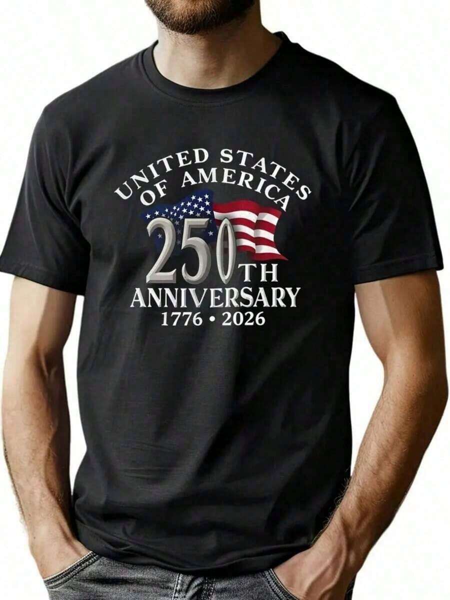 1 camiseta negra para hombre con estampado de la bandera estadounidense para el 250º aniversario, cuello redondo, camiseta casual de algodón, tejido de punto de elasticidad media, corte regular para jóvenes y hombres, perfecta para primavera/verano/otoño. - Negro - Ver 1