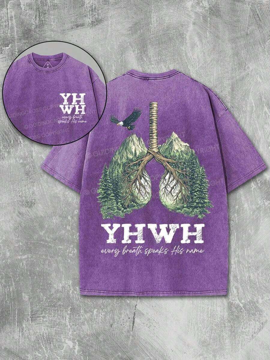 2026 New American Style T-Shirt% Cotton YHWH Nature Vintage Washed% Cotton | Graphic Forest Lungs With Birds, Distressed Fabric - Religious Inspired Clothing And Meaningful Gift Idea | Unisex - 紫色 - 查看 1