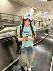 修身美式街头风短袖T恤，简约字母印花设计，薄荷绿轻薄百搭夏季休闲上衣 - 薄荷綠 - 查看 2