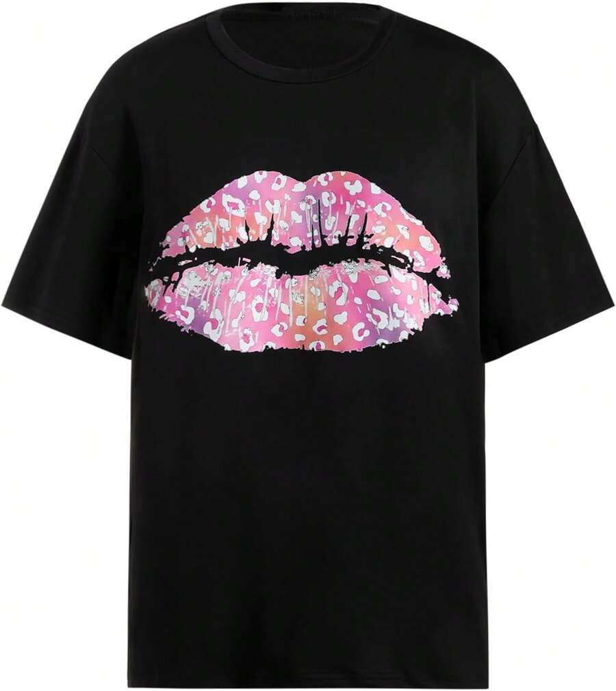 Y2K - Women's T-Shirts With Lip Print, Round Neck, Short Sleeve, Loose Fit And Versatile Shirt - Black Leopard Lips - View 1