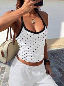 Casual Sexy Versatile Ribbed Polka Dot Print Camisole, Spring/Summer - White Background With Black Polka Dots - View 4