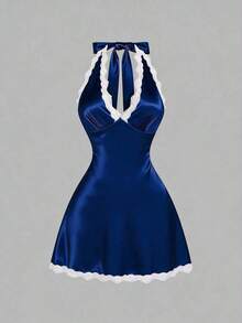 Vestido de satén con escote en V profundo y cuello halter de encaje, vestido de línea A sin espalda, versátil para viajes y vacaciones - Azul - Ver 9