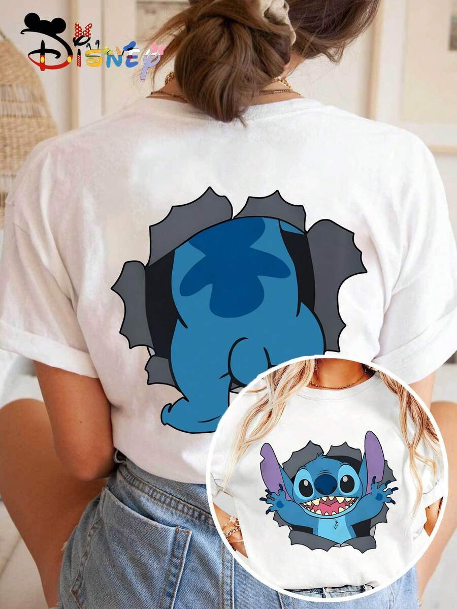 Disney Funny, Double-Sided Stitch Ripped T-Shirt With Hole Print Design, Cool And Quirky Style, Ideal As A Gift, Essential For Home, Casual For Everyday Wear And Parties. - White - View 1