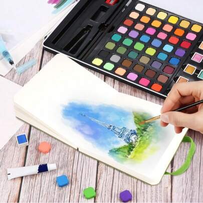 Sổ vẽ màu nước mini dành cho người mới bắt đầu, bìa vải màu xanh lá cây, sổ phác thảo có túi đựng và dây chun, giấy 300gsm.