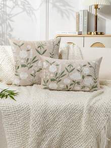 1pc Beige Modern Minimalist Floral Embroidery Throw Pillow Cover, Spring/Summer Flower Embroidered Decorative Pillowcase, Suitable For Indoor Decor, All-Season Use, Pillow Insert Not Included - Beige - View 2