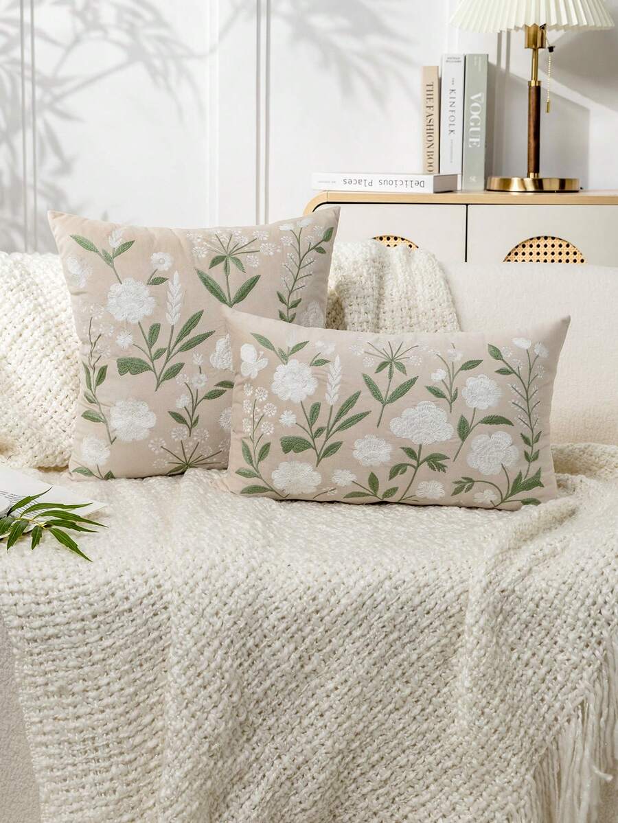 1pc Beige Modern Minimalist Floral Embroidery Throw Pillow Cover, Spring/Summer Flower Embroidered Decorative Pillowcase, Suitable For Indoor Decor, All-Season Use, Pillow Insert Not Included