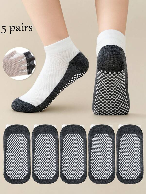 5 Pairs Kids' Breathable Mesh Ankle Socks With Non-Slip Bottoms, Contrast Color Gray For Boys, Summer Socks For Girls, Short Socks, Indoor/Outdoor Casual & Sports Use