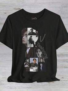 Camiseta de algodón puro para mujer, camiseta casual para hombre. Elegante camiseta de manga corta negra con estampado en mosaico de múltiples imágenes de Taehyungplayera de hombretops sudaderas para mujerkenia osLoose, casual and versatile top T-shirtsport oberteil damen - Negro - Ver 7