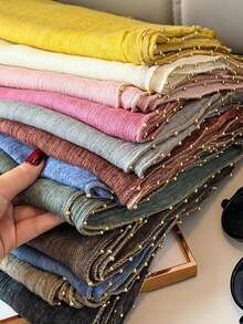 1pc Metal Chain Edge Short Tassel Scarf, Soft Lightweight Daily Shawl Scarf Headscarf, For Party, Travel, Office, Wedding Gift - Multicolor - View 12