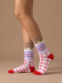 1 Paar Damen Socken, rosa kariert, lila gestreift, Kuchenmuster, Kontrast Rot an Zehen & Ferse, Polyester, atmungsaktiv, süß, lässig - Verschiedenfarbig - Übersicht 2