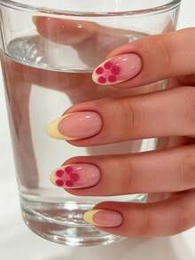 24pcs Almond-Shaped Nail Stickers, Yellow French Style Nails, Floral Line Pattern, High Gloss Full Coverage, Suitable For Women And Girls, Y2K Style False Nails. Random Delivery Of Jelly Gel. - Multicolor - View 1