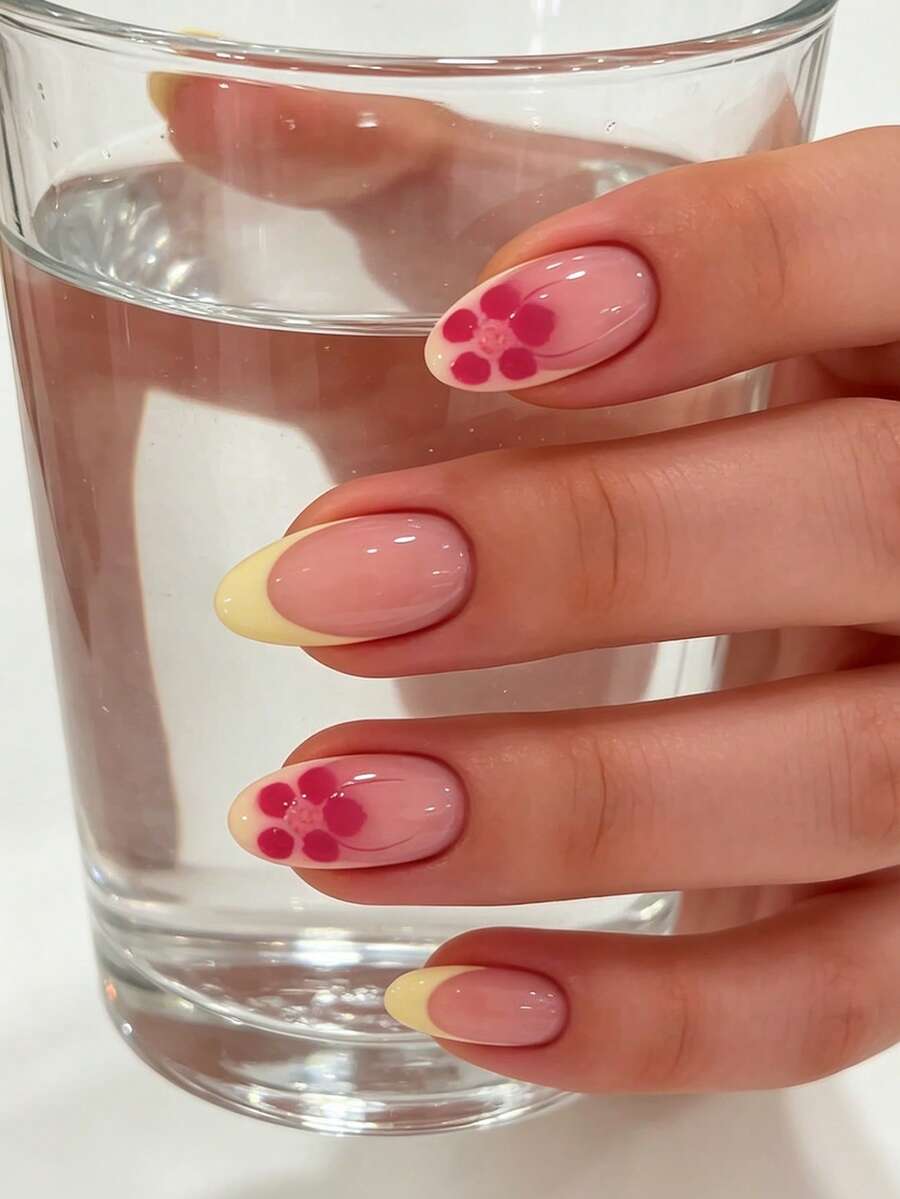 24pcs Almond-Shaped Nail Stickers, Yellow French Style Nails, Floral Line Pattern, High Gloss Full Coverage, Suitable For Women And Girls, Y2K Style False Nails. Random Delivery Of Jelly Gel. - Multicolor - View 1