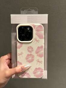 Luxury White & Pink Lip Print Bow Design Shock-Proof Full Coverage Phone Case, White Pebbled Texture TPU Protective Phone Case Compatible With IPhone 17, 17 Pro, 17 Pro Max, 16 Pro Max, 16, 15, 14, 13, 12, 11 And Series, Birthday Gift Spring Edition - Beige - View 3