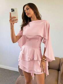 Vestido mini sin mangas de color albaricoque para mujer, chal desmontable, vestido romántico retro sexy y lindo para citas - Rosa Pálido - Ver 6