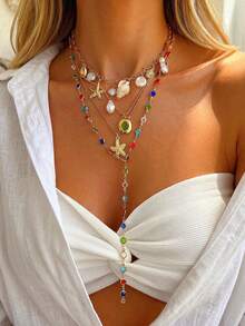 4pcs/Set Vintage French Elegant Fashion Bohemian Vacation Style Rhinestone Faux Pearl Starfish Shell Sun Flower Pendant Tassel Long Gold Necklace Set, Personalized Exaggerated Unique Y2K Multi-Piece Layered Necklace, Suitable For Women Summer Beach Party Evening Music Festival Date Daily Wear All Year Round - Multicolor - View 1
