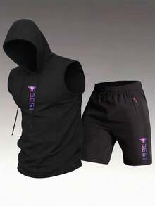 Men's Summer Outdoor Sports Suit, Quick-Dry Sleeveless Top And Running Shorts With Hood, 2-Piece Set - Black - View 1