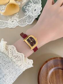 1 pieza Reloj de cuarzo para mujer con correa ajustable de estilo retro, elíptico con escala de números romanos, compacto y perfecto para uso diario - Rojo - Ver 7